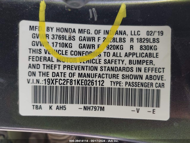 Honda Civic Sport 2019 19XFC2F81KE026112 Image 9