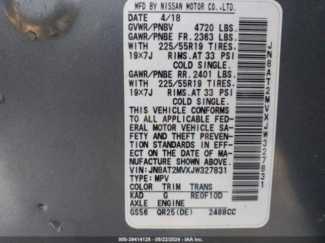 JN8AT2MVXJW327831 Nissan Rogue Sl