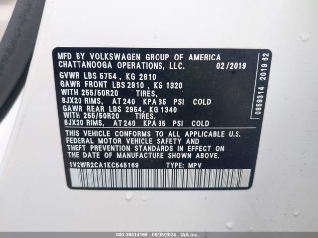 1V2WR2CA1KC545169 Volkswagen Atlas 3.6l V6 Se W/technology