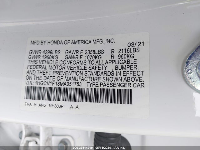 Honda ACCORD LX 2021 1HGCV1F18MA051753 Image 9