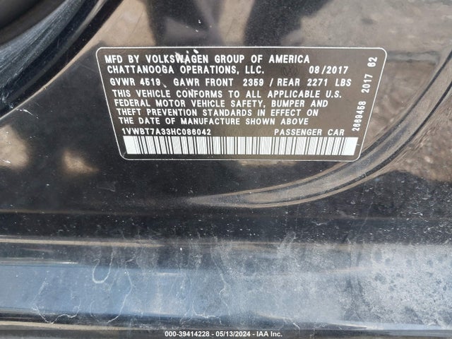 1VWBT7A33HC086042 Volkswagen Passat 1.8t Se