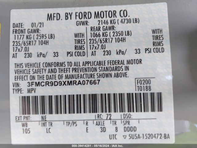 3FMCR9D9XMRA07667 Ford Bronco Sport Badlands