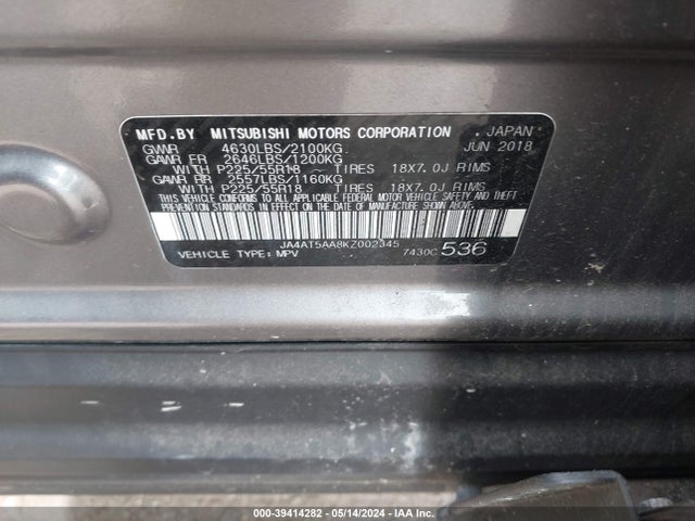 Mitsubishi Eclipse Cross Sel 2019 JA4AT5AA8KZ002345 Image 9