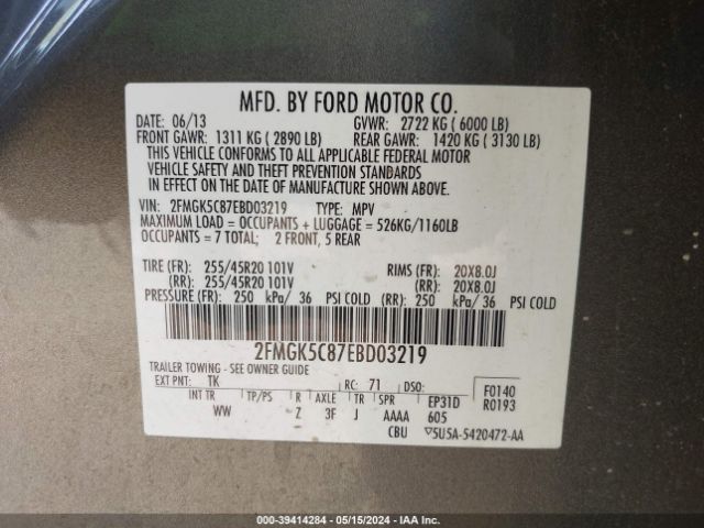 2FMGK5C87EBD03219 Ford FLEX SEL