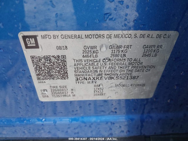 Chevrolet EQUINOX LT 2019 3GNAXKEV8KS521387 Image 9
