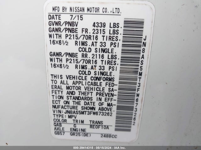 Nissan Rogue Select S 2015 JN8AS5MT3FW673262 Image 9