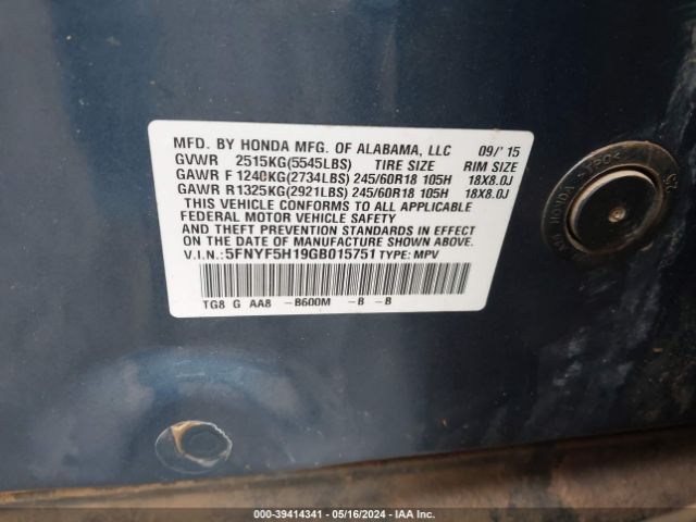 5FNYF5H19GB015751 Honda PILOT LX