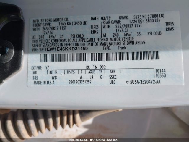 1FTEW1E46KKD31159 Ford F-150 Xl