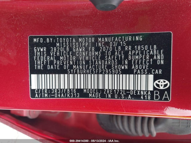 Toyota COROLLA LE 2015 5YFBURHE5FP295905 Image 9