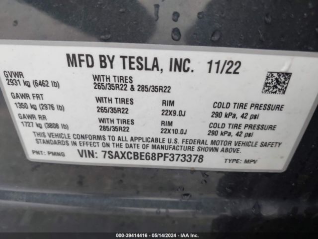7SAXCBE68PF373378 Tesla Model X Plaid Tri Motor All-wheel Drive