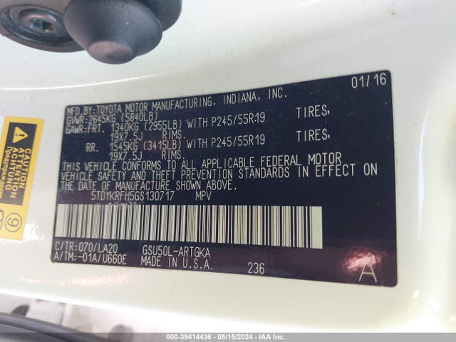 5TDYKRFH5GS130717 Toyota Highlander Limited V6