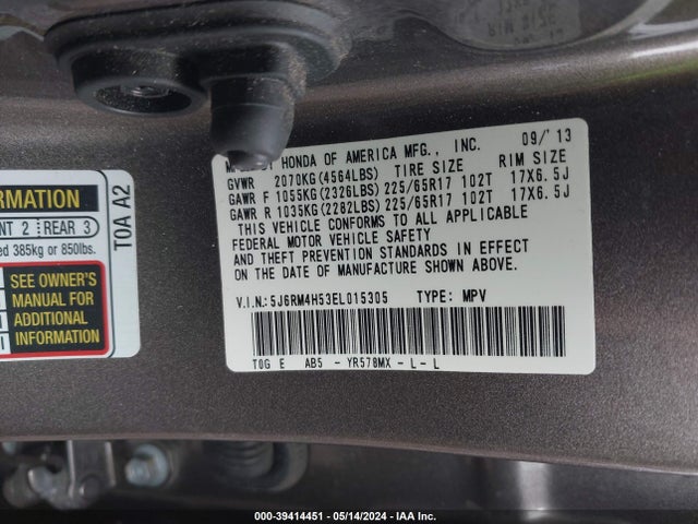 Honda CR-V EX 2014 5J6RM4H53EL015305 Image 9