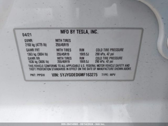 5YJYGDED6MF163275 Tesla Model Y Standard Range Rear-wheel Drive