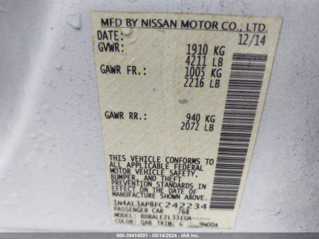 1N4AL3AP8FC242234 Nissan Altima 2.5/2.5 S/2.5 Sl/2.5 Sv