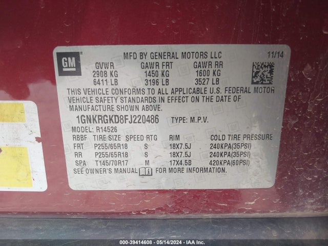 Chevrolet Traverse 1lt 2015 1GNKRGKD8FJ220486 Image 9