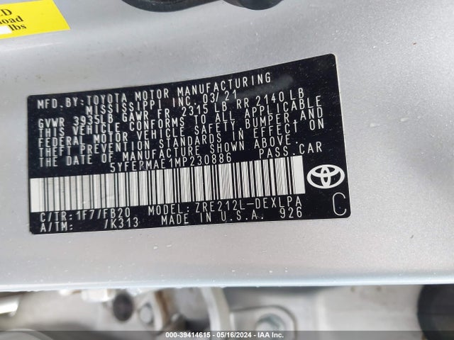 Toyota COROLLA LE 2021 5YFEPMAE1MP230886 Image 9