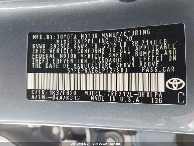 Toyota COROLLA LE 2020 5YFEPRAE6LP127880 Image 9