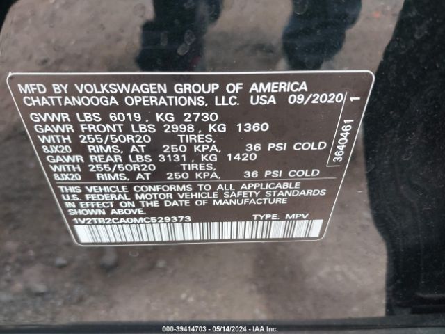 1V2TR2CA0MC529373 Volkswagen Atlas 3.6l V6 Sel Premium