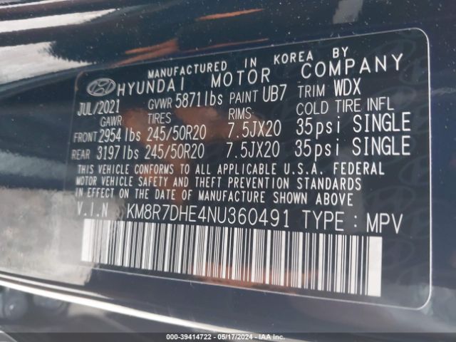 KM8R7DHE4NU360491 Hyundai Palisade Calligraphy