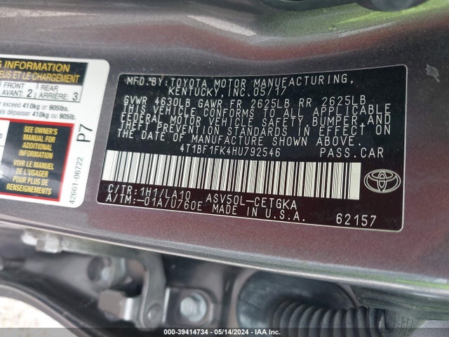 Toyota CAMRY XLE 2017 4T1BF1FK4HU792546 Image 9