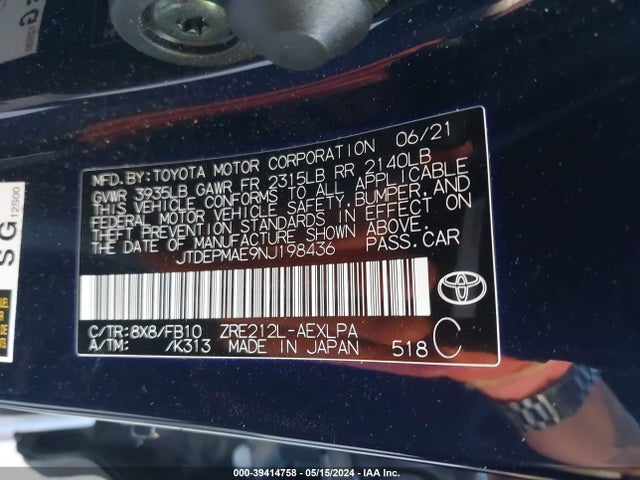 Toyota COROLLA LE 2022 JTDEPMAE9NJ198436 Image 9