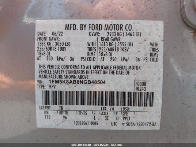1FM5K8AB8NGB48504 Ford Police Interceptor Utility