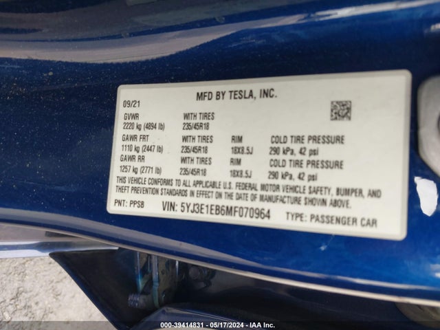 Tesla Model 3 Long Range Dual Motor All-wheel Drive 2021 5YJ3E1EB6MF070964 Image 9