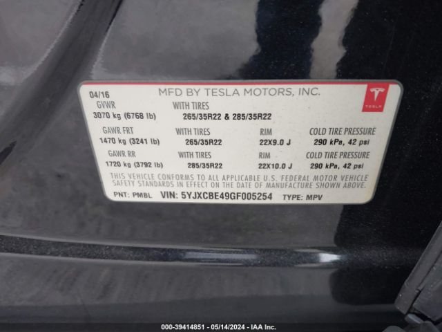 5YJXCBE49GF005254 Tesla Model X 75d/p100d/p90d