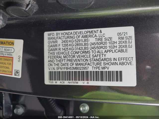Honda Passport Awd Ex-l 2021 5FNYF8H53MB023957 Image 9