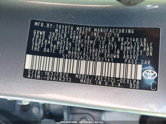 Toyota COROLLA LE 2020 5YFEPRAE0LP092141 Image 9