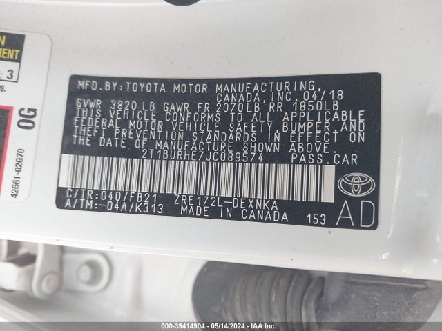 Toyota COROLLA LE 2018 2T1BURHE7JC089574 Image 9