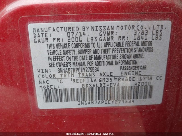 Nissan SENTRA SV 2014 3N1AB7AP0EY279534 Image 9