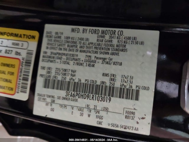 Ford FUSION SE 2020 3FA6P0HD9LR103019 Image 9