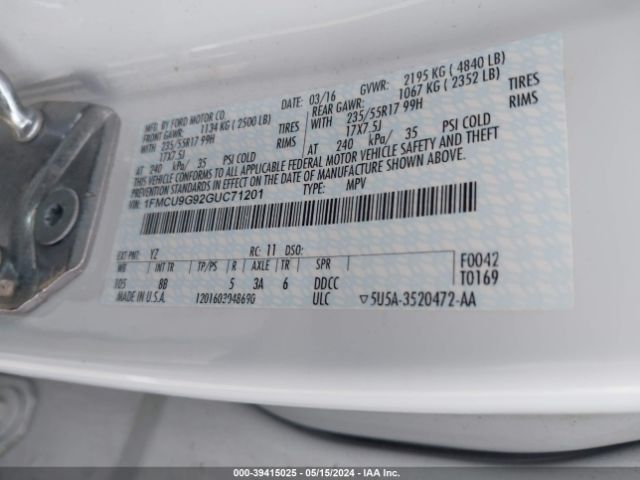 1FMCU9G92GUC71201 Ford ESCAPE SE