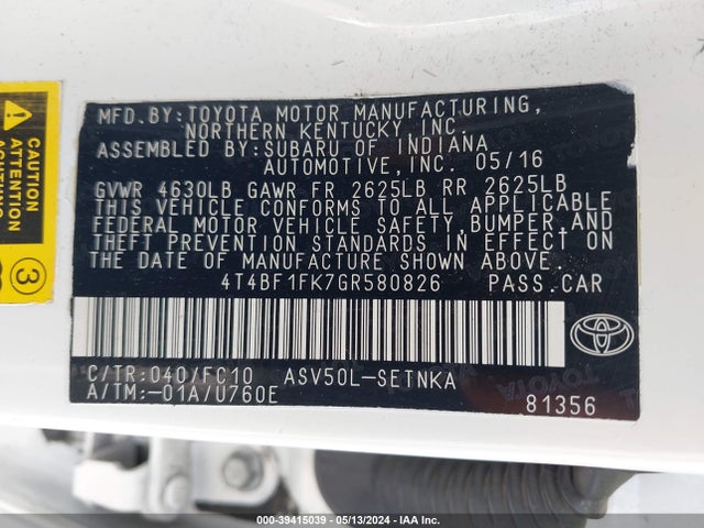Toyota CAMRY LE 2016 4T4BF1FK7GR580826 Image 9