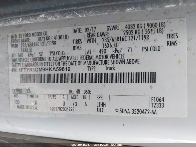 Ford Transit-250 2017 1FTYR1CM9HKA59819 Image 9