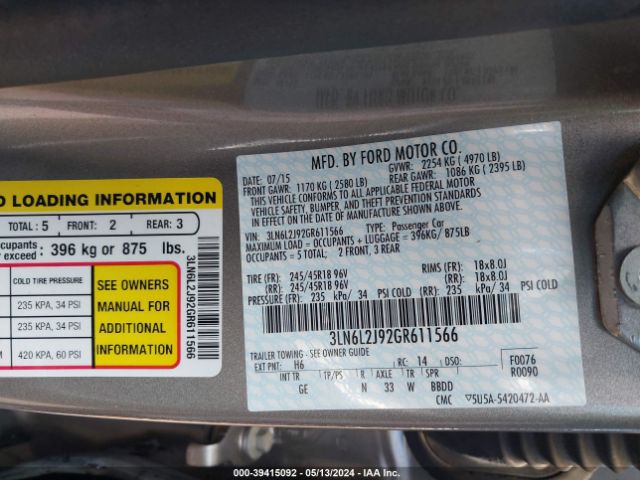 3LN6L2J92GR611566 Lincoln MKZ