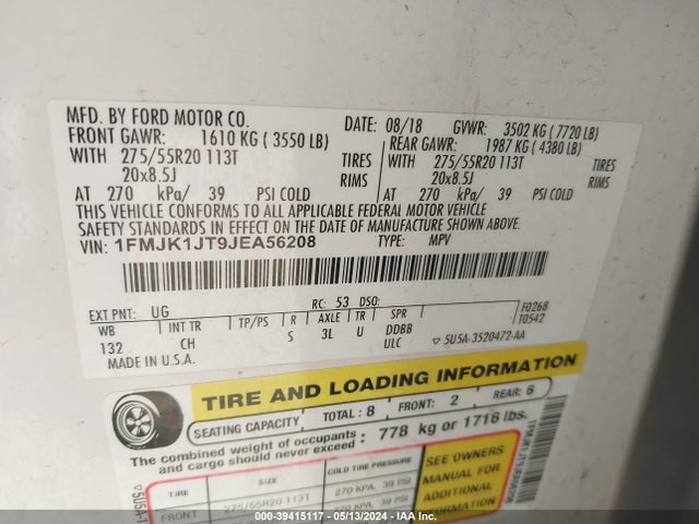1FMJK1JT9JEA56208 Ford Expedition Max Xlt