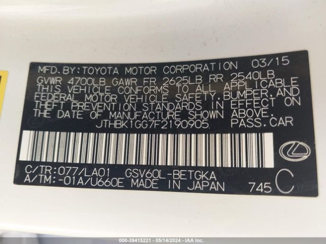 JTHBK1GG7F2190905 Lexus ES 350