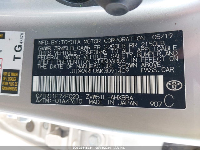 Toyota Prius L Eco 2019 JTDKARFU6K3091409 Image 9