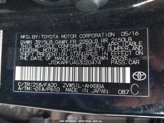 Toyota Prius Two Eco 2016 JTDKARFU4G3020474 Image 9