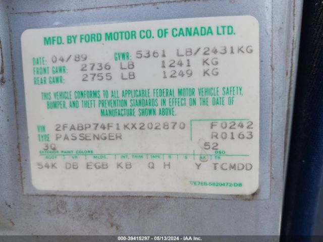 1989 FORD CROWN VICTORIA 2FABP74F1KX202870 Photo 8