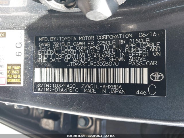 Toyota Prius Two Eco 2016 JTDKARFUXG3026070 Image 9
