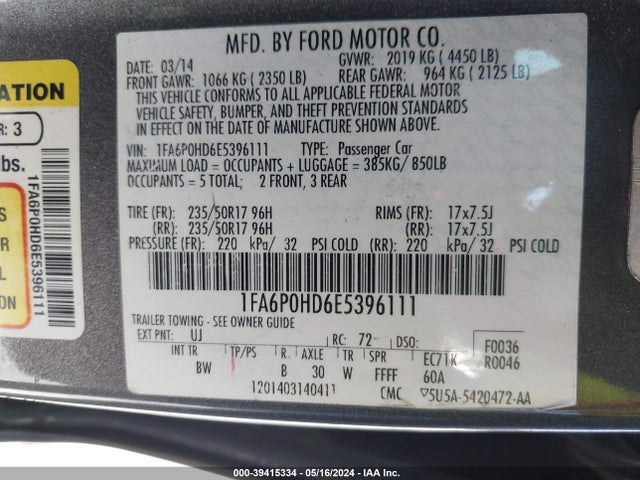 Ford FUSION SE 2014 1FA6P0HD6E5396111 Image 9