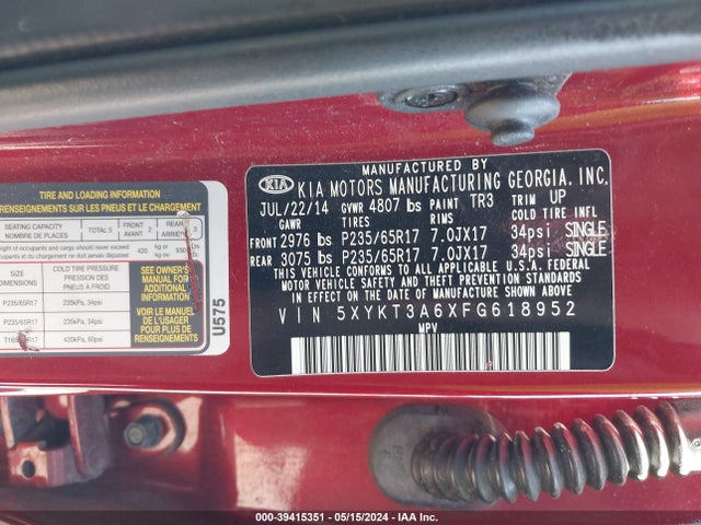 KIA SORENTO LX 2015 5XYKT3A6XFG618952 Image 9