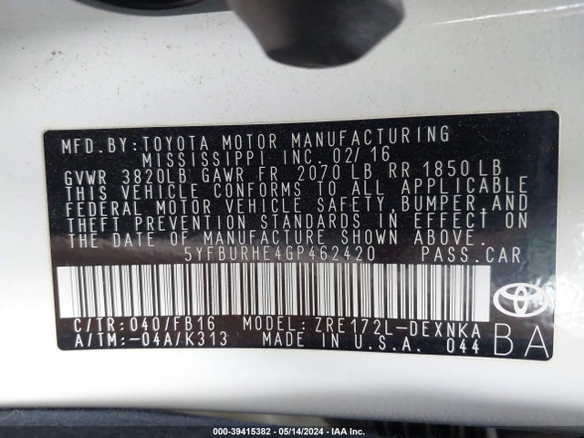 Toyota Corolla Le Plus 2016 5YFBURHE4GP462420 Image 9