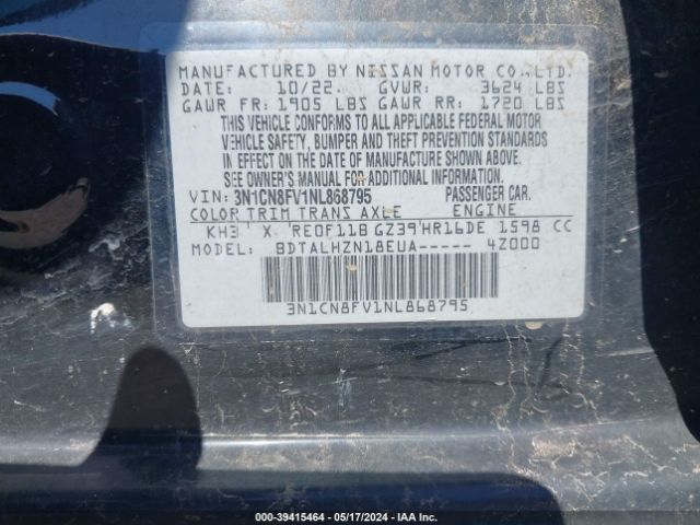 3N1CN8FV1NL868795 Nissan Versa 1.6 Sr Xtronic Cvt