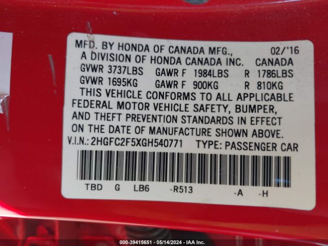 2HGFC2F5XGH540771 Honda Civic Lx