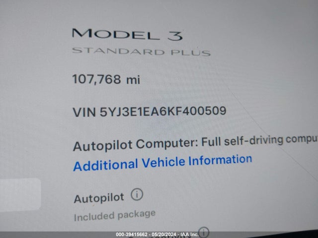 5YJ3E1EA6KF400509 Tesla Model 3 Long Range/mid Range/standard Range/standard Range Plus