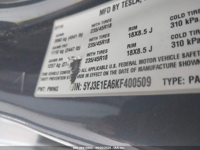 5YJ3E1EA6KF400509 Tesla Model 3 Long Range/mid Range/standard Range/standard Range Plus